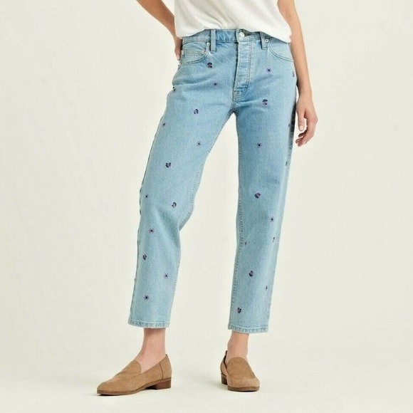 Lucky Brand Blue and Purple Floral Embroidered Dot Denim Tapered Jeans - Picture 1 of 8